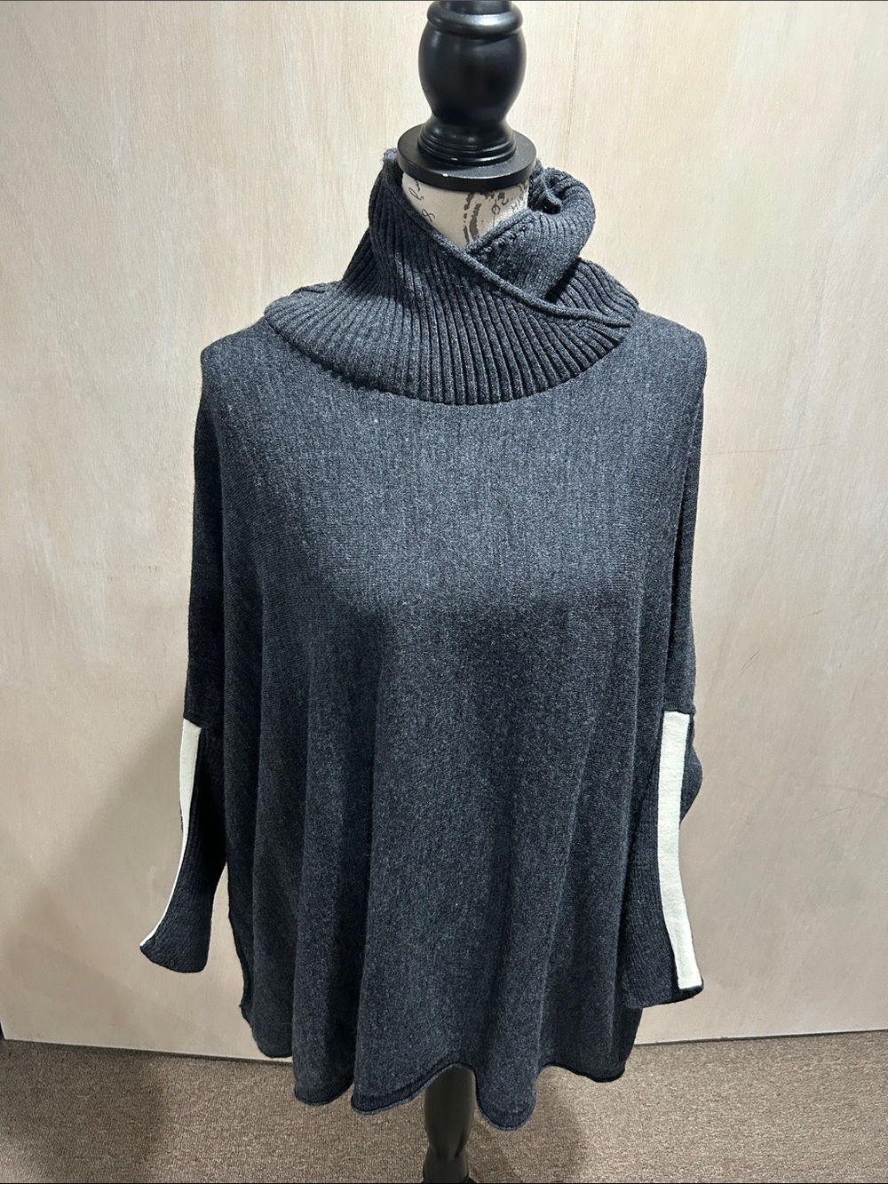 Charcoal Ribbed Cowl-Neck Sweater Poncho with Cream Sleeve Stripe. OSFM.
